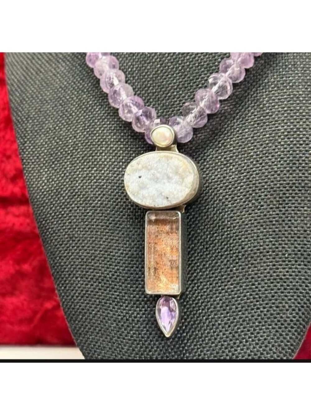 Echo of the Dreamer Necklace Druzy Quartz Pearl on Faceted Amethyst Beads 18"